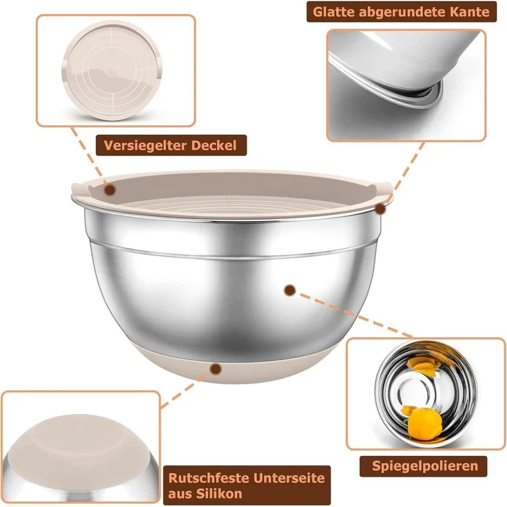 TEAMFAR Rührschüssel Set Edelstahl Salatschüssel Luftdichten Deckel Silikonboden – Bild 2