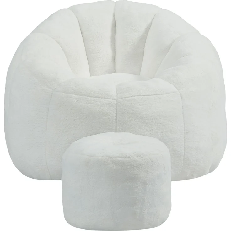 Blütensitzsack mit Fußhocker, Plüschbezug, 105x105x70 cm, Cremeweiß – Bild 5
