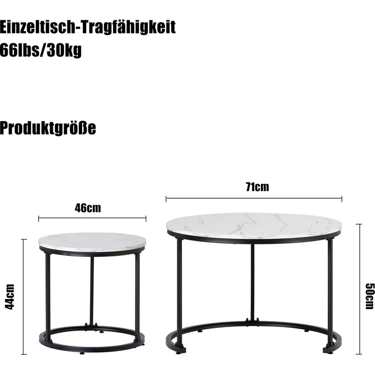 2er Set Runder Couchtisch Weiß-Marmor, Nesting Beistelltisch Wohnzimmer, Moderner Sofatisch aus MDF – Bild 6