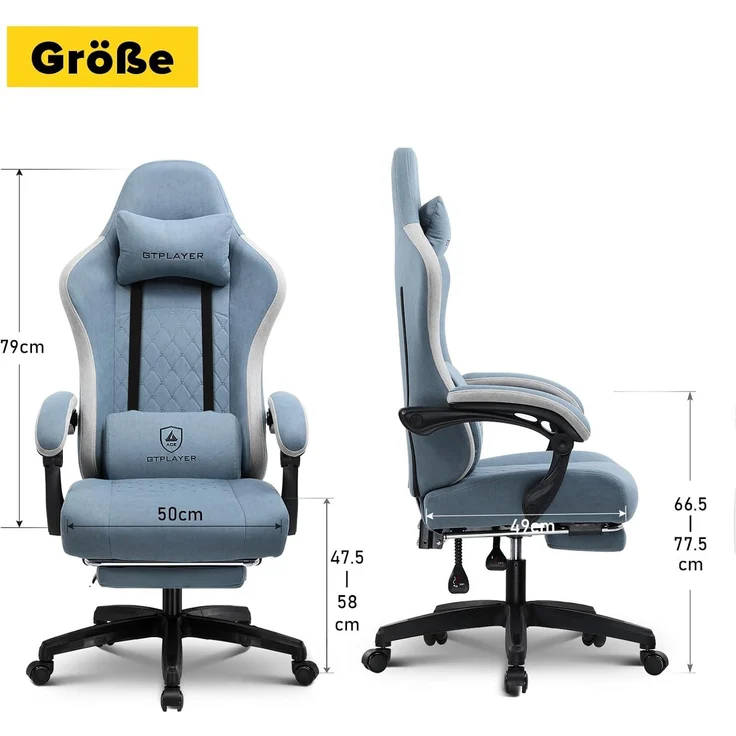 GTPLAYER Gaming Stuhl Ergonomischer Gaming Sessel Schreibtischstuhl mit Stoffoberfläche, Federsitzkissen, Verbindungsarmlehnen und Fußstütze hellblau – Bild 8