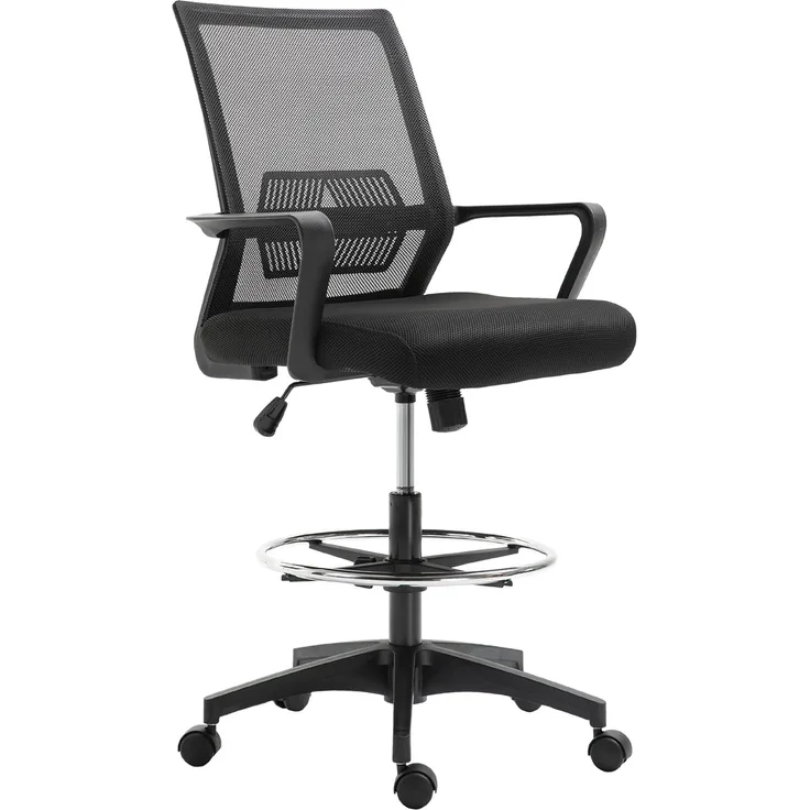 MELAYR, Bürostuhl, Höhenverstellbarer Schreibtischstuhl mit Fußablage, Netz-Rückenlehne, 64 x 59 x 124 cm, Schwarz