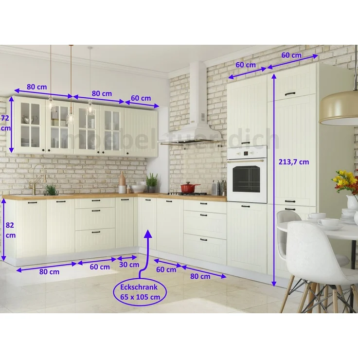 Möbel für Dich Küchenzeile Landhaus Eckküche LORA L-Form 235x365 cm, 11-teilig, Fronten in Weiß, Beige oder Grau – Bild 2
