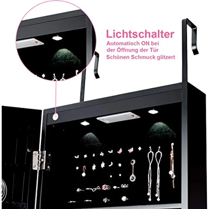COSTWAY Schmuckschrank mit LED Beleuchtung, Schmuckregal haengend mit Spiegel, abschliessbar mit Schlüsseln, 120 cm hoch, schwarz – Bild 4