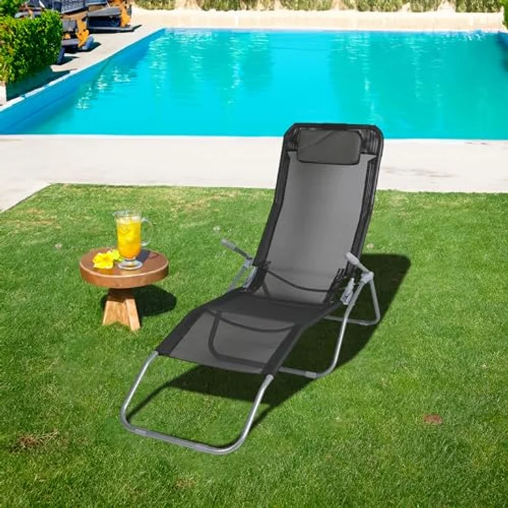 Spetebo Gesundheitsliege Klappbare Gartenliege mit Kopfkissen, 190 cm, anthrazit, witterungsbeständig, pflegeleicht, einstellbare Positionen – Bild 2