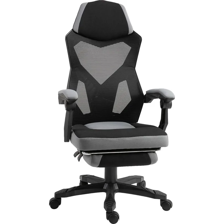 MELAYR, Bürostuhl, Gaming-Stuhl, höhenverstellbar, Rückenlehne, drehbare Rollen, Fußstütze, 76 x 28 x 59 cm, Grau