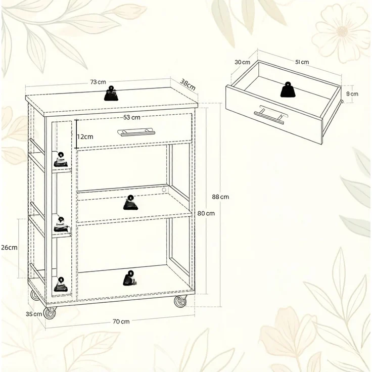 Küchenwagen 73x38x88 cm mit Schublade und offenen Regalen – MDF in Weiß und Holzoptik – Bild 4