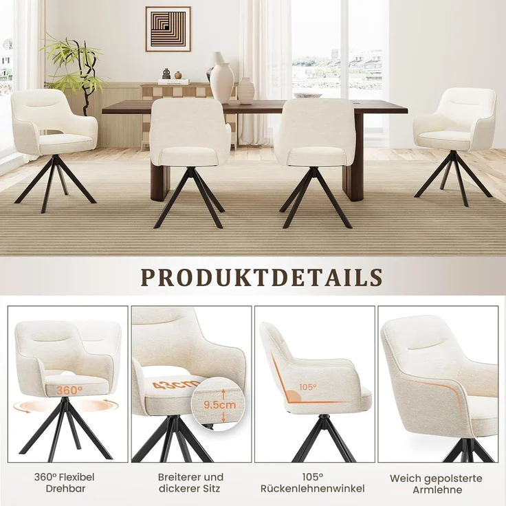 COLAMY Drehbare Esszimmerstühle 6er Set mit Armlehnen, Drehbare Polsterstühle für Küche & Esszimmer aus weichem Florstoff mit Metallgestell und Rückenlehne, für Esszimmer, Küche, Büro,Beige – Bild 8