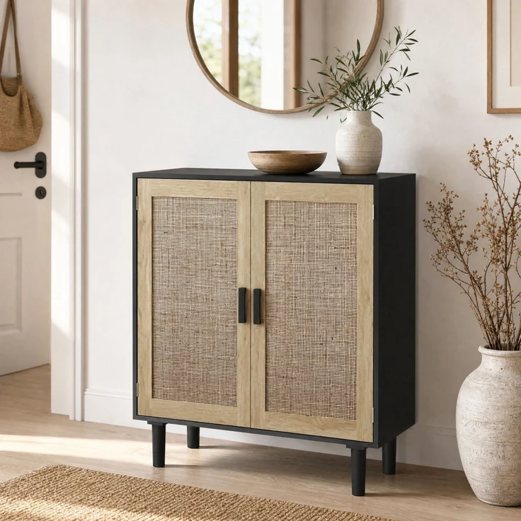 DESVIAE Sideboard mit Rattantüren 80x88x40 cm MDF Schwarz – Bild 2