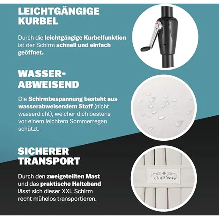 Kingsleeve Sonnenschirm, UV Schutz 80+ Schutzhülle XXL Aluminium Kurbel Wasserabweisend, beige, 460 x 270 x 240 cm – Bild 7