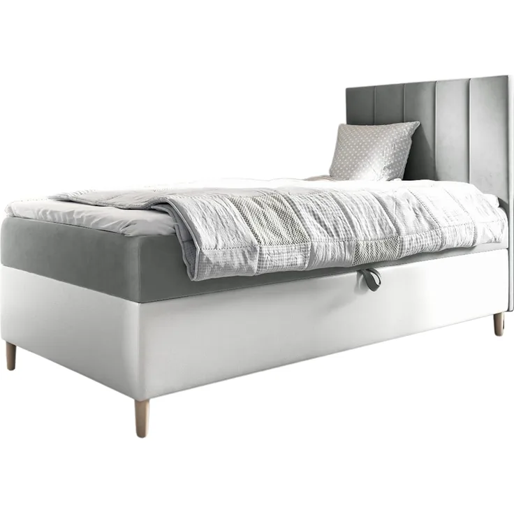 MEBLINI Kinderbett mit Bettkasten MAYA 1 90x200 Rechts – H3/Grau Samt Gepolstert Einzelbett mit Matratze - Polsterbett mit Stauraum - Bett mit Kopfteil – Stauraumbett