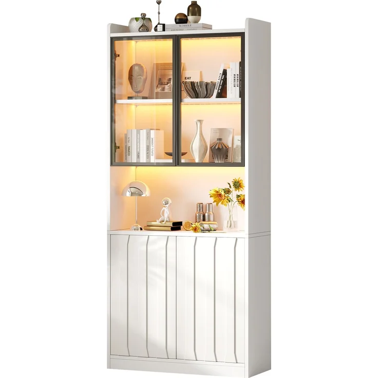 80x35x200cm LED Vitrine, Hochschrank mit Glasschranktüren, Hochschrank Glasvitrine mit LED und Offene Partition,Wohnzimmerschrank mit Glastüren, Küche, Arbeitszimmer, Eingangsbereich,Weiß – Bild 8