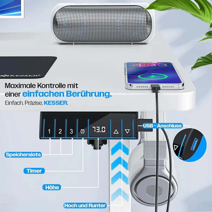KESSER® Höhenverstellbarer Schreibtisch elektrisch | Ergonomisch Steh-Sitz Schreibtisch | 3-Funktions-Memory Steuerung | Inkl. 360° Rollen & USB-Ladeanschluss | Computertisch für Homeoffice Weiß, 160 x 70 cm – Bild 5