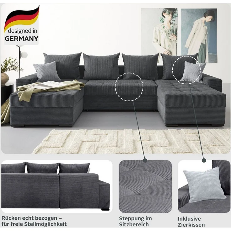COLLECTION AB Wohnlandschaft XL-Josy U-Form, Breite 313 cm, Cord-/Mix, inkl. Bettfunktion, Bettkasten, mit 4 gleich großen Rückenkissen – Bild 2