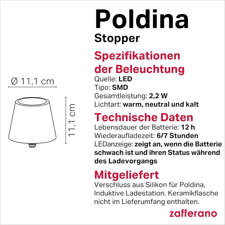 Zafferano, Poldina Stopper Lampe, Kabellose und Wiederaufladbare Flaschenlampe mit Touch Control, Geeignet für den Innen- und Außenbereich, Dimmer, 2200-3000 K, Höhe 11 cm, Farbe Salbei – Bild 4