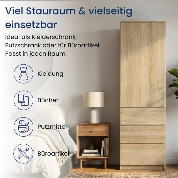 Home Collective Kleiderschrank Garderobenschrank Mehrzweckschrank Schrank platzsparend & vielseitig (50 x 40 x 180,5 cm (BxTxH), ideal für Schlafzimmer Flur & Arbeitszimmer) mit 2 Türig 3 Einlegeböden & 3 Schubladen in sonoma – Bild 2