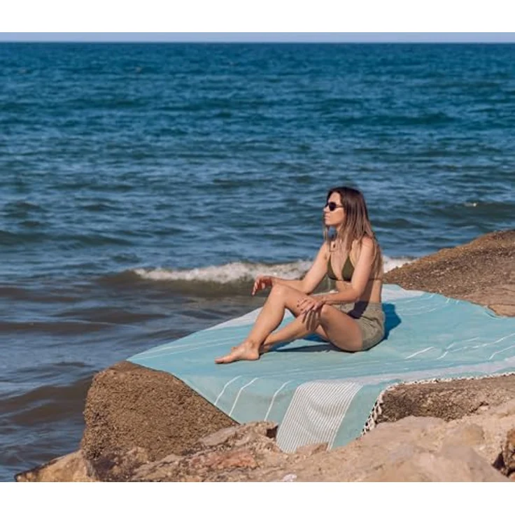 MOMOMUS Fouta XXL, Sandfrei, handgewebt aus 100% Baumwolle, Strandtuch mit Fransen, Meergrün, 210x240 cm – Bild 2