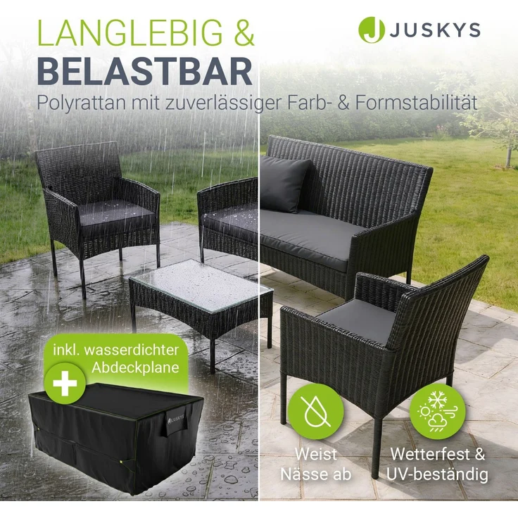 Juskys Polyrattan Gartenmöbel-Set Fort Myers schwarz inkl. Abdeckung – Sitzgruppe mit Tisch, Sofa & 2 Stühlen - Balkonmöbel für 4 Personen mit grauen Auflagen – Bild 3