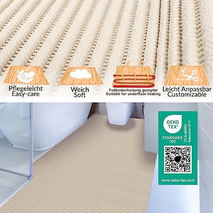 ANRO Badematte Weichschaummatte Antirutsch Bad- und Duschvorleger Uni Creme, 120x130cm, pflegeleicht und zuschneidbar – Bild 2