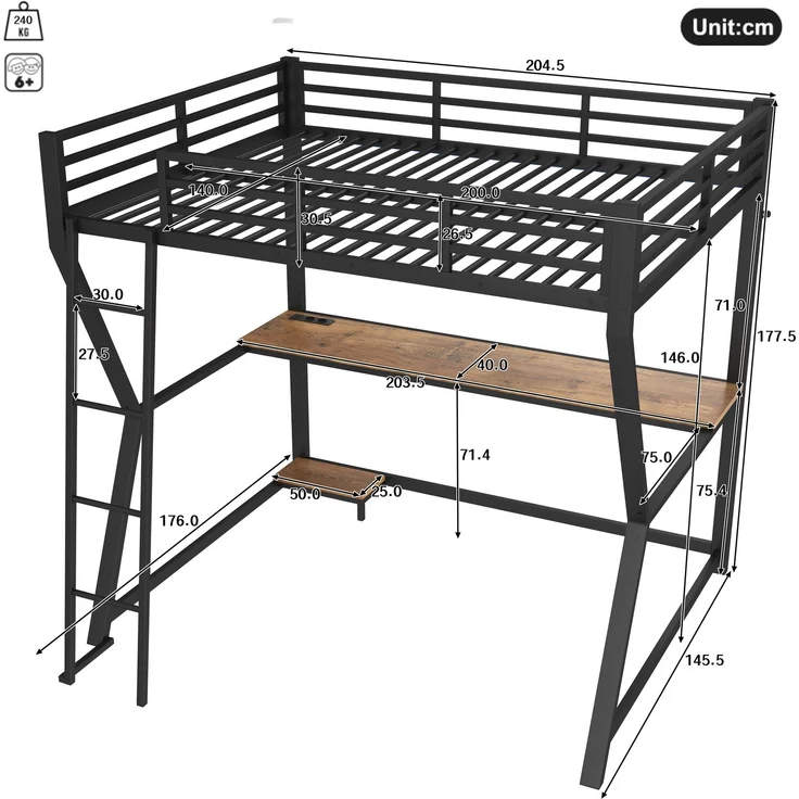Hochbett, 140*200cm , Mit LED-Leuchten, Computerkonsolenablage, Schreibtisch, Steckdose+USB, Geländer, Treppe, ohne Matratze, Schwarz – Bild 5