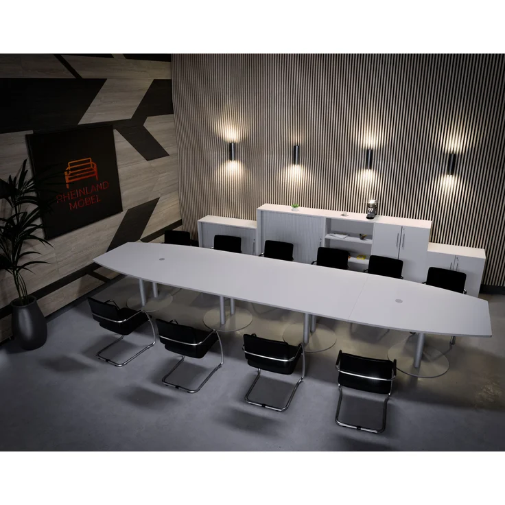 Rheinland Möbel Konferenztisch KONTI 520x130 cm – ovaler Besprechungstisch in Grau mit silbernen Säulenfüßen & 2 Kabelauslässen, erweiterbarer Meetingtisch für 16–18 Personen, moderner XXL-Tisch fürs Büro – Bild 4