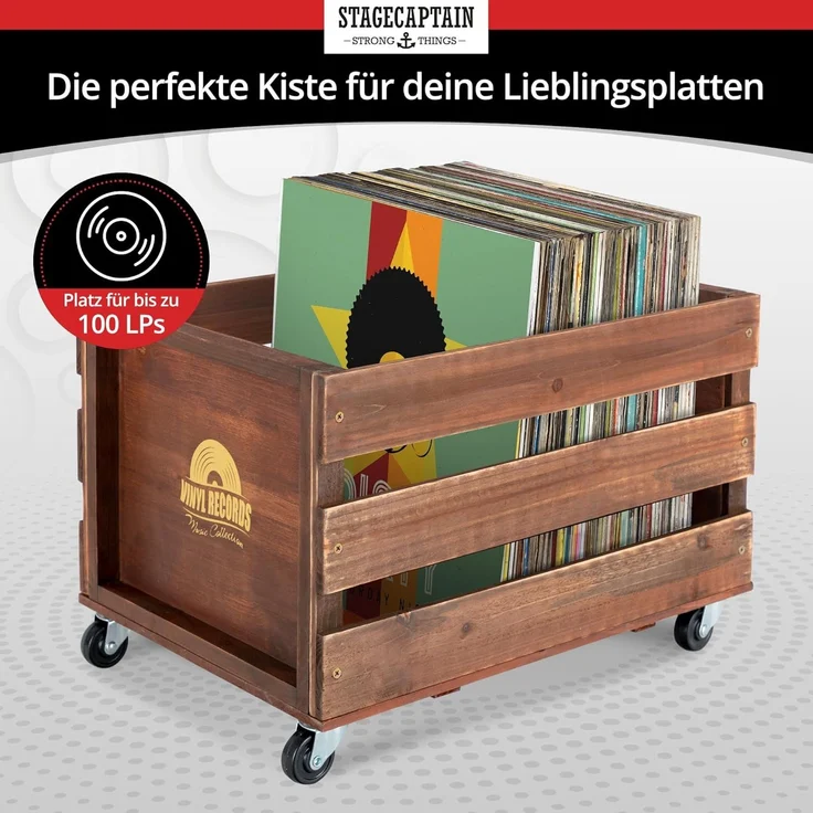 Stagecaptain Holzkiste SPK-100 "Emil" Schallplattenkiste (Spar-Set, 2 St, Aufbewahrungskisten für Schallplatten und mehr), für bis zu 100 LPs - aus Vollholz im Retro-Design – Bild 2