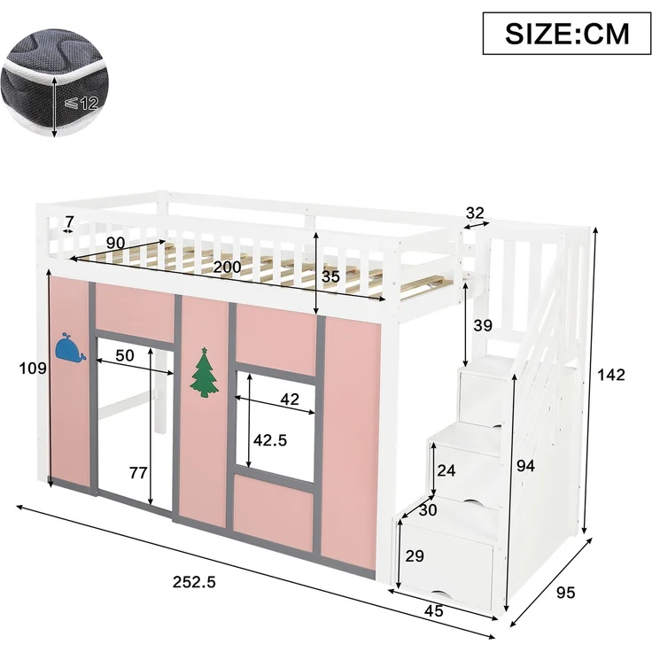 Merax Hochbett 90x200 cm, Kinderbett, Halbhochbett mit Stauraumtreppe, LED-Beleuchtung, Spielbereich, Rausfallschutz und Deko-Motiven, Weiß + Rosa, 252.5 x 95 x 142 cm – Bild 4