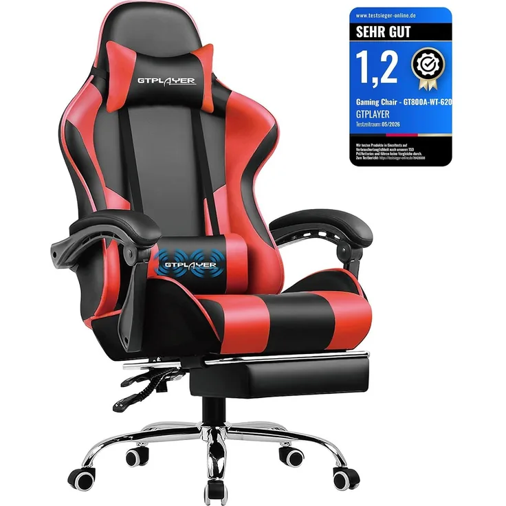 GTPLAYER Gaming Stuhl Bürostuhl Massage Gaming Sessel Ergonomischer Gamer Stuhl mit Fußstütze, Kopfstütze Massage-Lendenkissen, Gepolstert Gaming Chair, Drehsessel, rot
