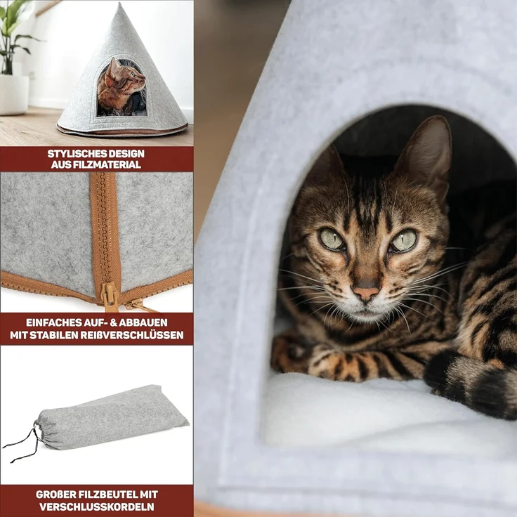 Canadian Cat Company Katzenzelt Katzenbett Cone - Katzen Tipi aus Filz, inkl. Flauschkissen, hellgrau – Bild 2