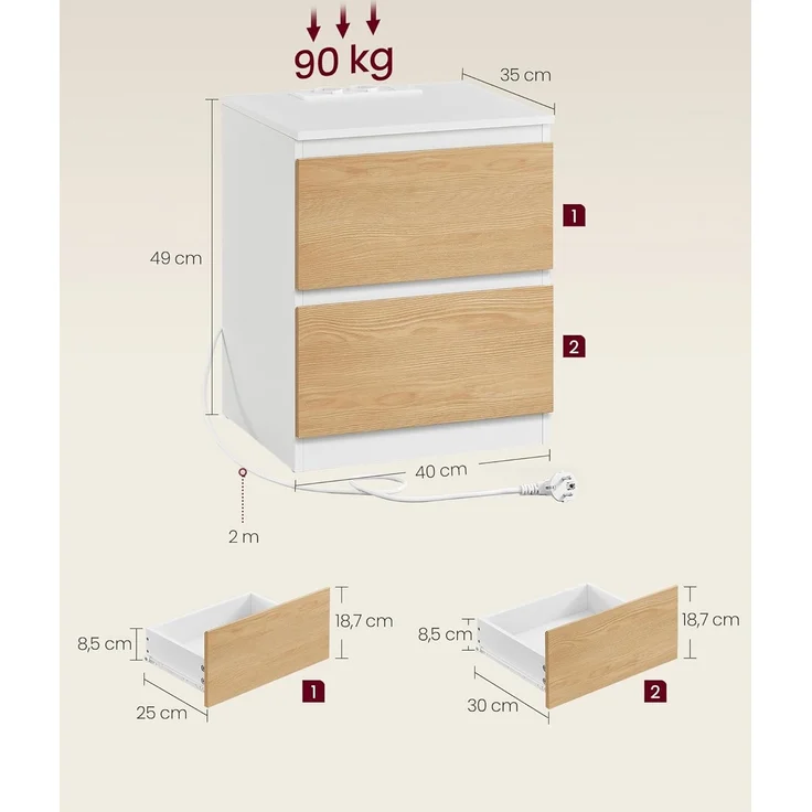 VASAGLE Nachttisch mit Steckdosenleiste, 2er Set, Beistelltisch, 2 Schubladen, 2 AC-Steckdosen, 2 USB-A-Anschlüsse, Wohnzimmer Schlafzimmer, modern, mandelgelb LET821Y02 – Bild 5