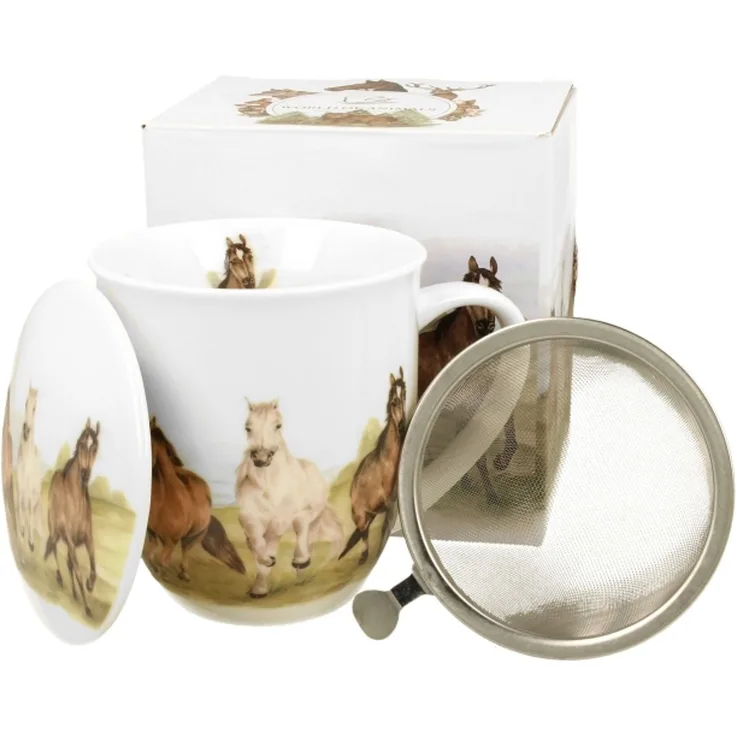 DUO World of Animals PFERDE (Horses at Gallop) 400 ml Becher mit Teesieb New Bone China Porzellan