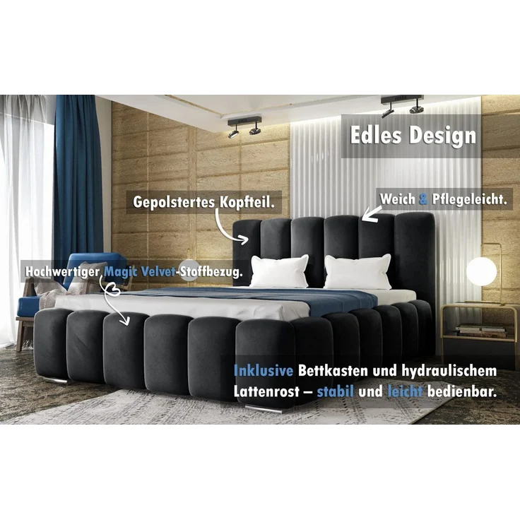 thematys Polsterbett mit Bettkasten & Lattenrost Stauraumbett 160x200cm, ohne Matratze, Samt, Schwarz – Bild 2