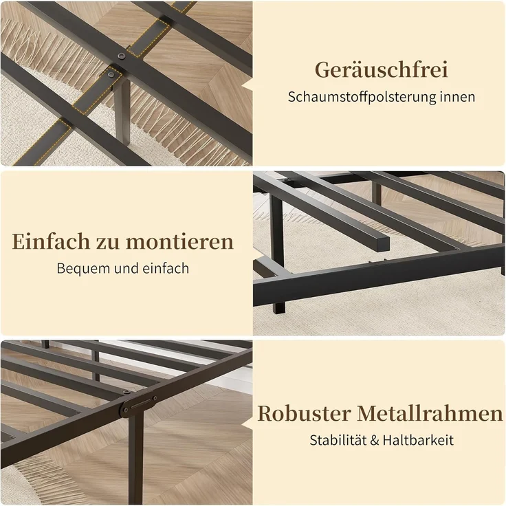 VECELO Bettgestell 90x200 cm, Metallbett mit Dick Holzkopfteil und Lattenrost, Modern Gästebett Jugendbett mit Stauraum Unter Dem Bett, Perfekt für Schlafzimmer, Schwarz – Bild 4