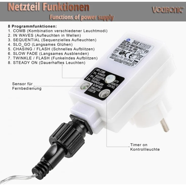 VOLTRONIC® Eisregen Lichterkette, innen und außen, IP44, Größen- und Farbwahl, 400 LEDs, warmweiß, Fernbedienung – Bild 5