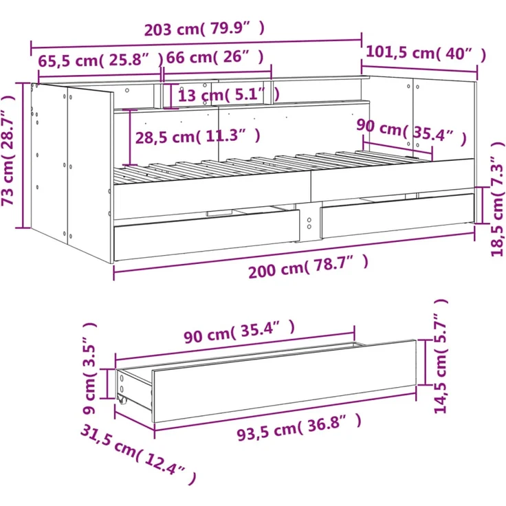 vidaXL Tagesbett mit Schubladen ohne Matratze Grau Sonoma 90x200 cm 3280851 – Bild 10