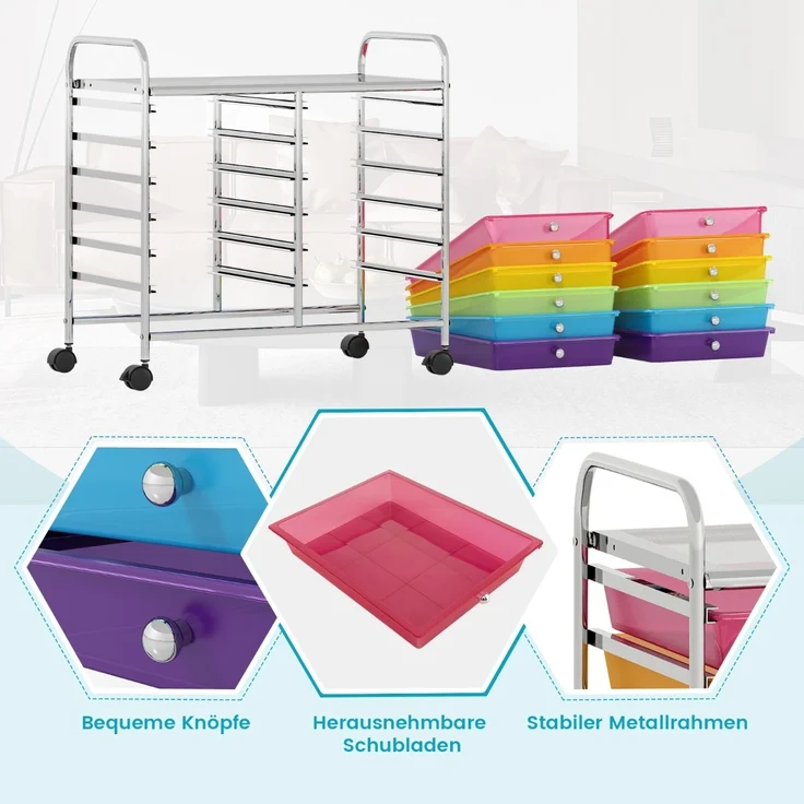Rollwagen mit 12 Stapelbaren Schubladen & Ablagefläche Schubladenwagen Rollcontainer Badrollwagen Transparentes Bunt – Bild 4