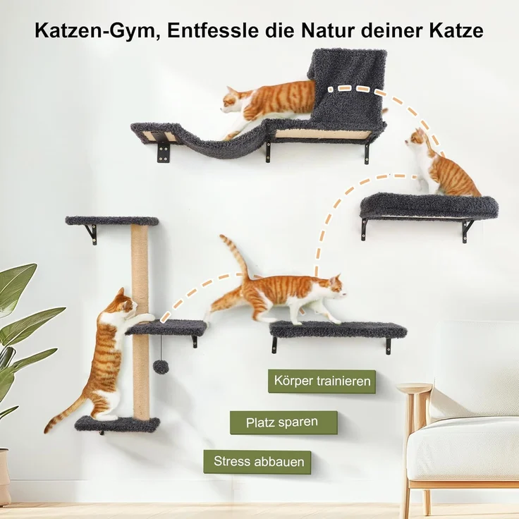 FUKUMARU Kletterwand Katzen Set, 10-teilig Katzen Kletterwand Set, aus robuster Multiplexplatte，Hängematte Katze mit Katzenhaus, Katzenbrücke, Katzenbaum, Katzentreppe bis zu 18 kg, Grau – Bild 3