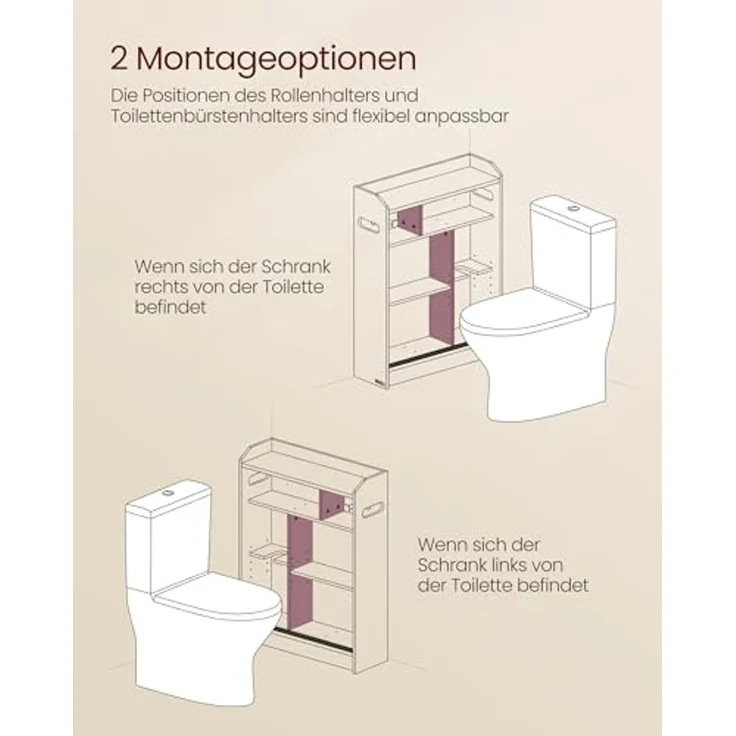 Vasagle Badezimmerschrank, Badschrank platzsparend, Toilettenrollenhalter, Toilettenbürstenhalter, Schiebetüren, verstellbare Einlegeböden, neben der Toilette, 20 x 60 x 80 cm, wolkenweiß BBC752W01 – Bild 5