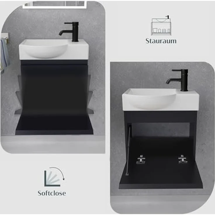 Alpenberger Badmöbel-Set - Gäste WC Waschbecken mit Unterschrank 45 cm Breit, (Badschrank 2-tlg, Waschtisch hängend), Waschbeckenunterschrank mit Softclose - Schwarz - Links Becken – Bild 5