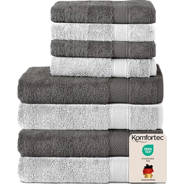 Komfortec 8er Handtuch Set aus 100% Baumwolle, 4 Badetücher 70x140 und 4 Handtücher 50x100 cm, Frottee, Weich, Towel, Groß, Anthrazit/Weiß – Bild 2