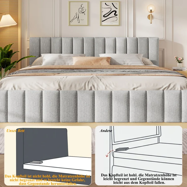 Polsterbett, Doppelbett, 180 x 200 cm, Bett mit Lattenrost, Kopfteil,Gepolstertes Kopfteil, Ohne Matratze, Grau Chenille – Bild 9