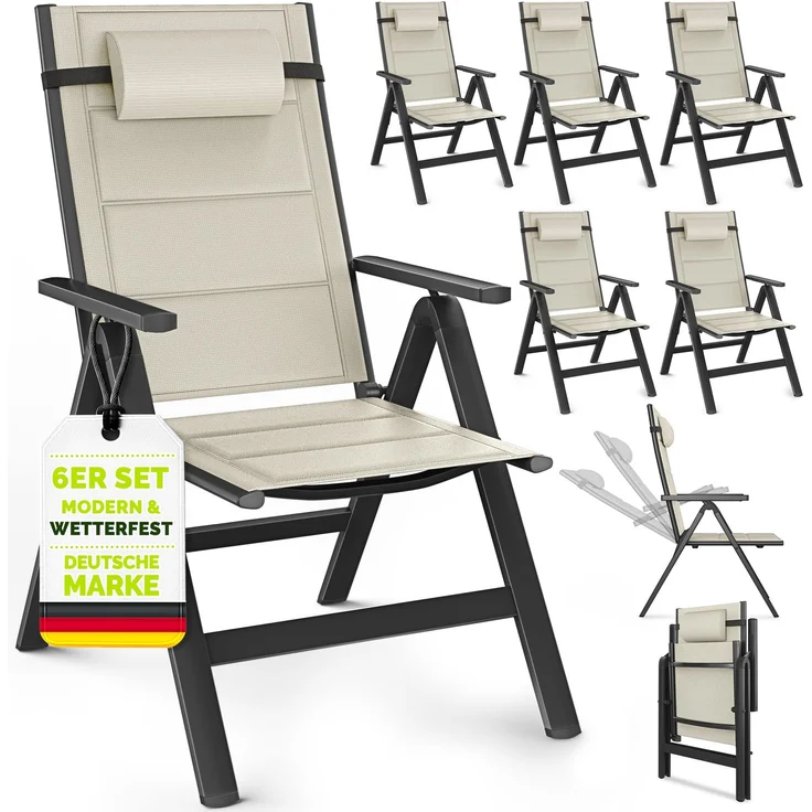 tillvex Gartenstuhl mit Polster Premium 6 Stück Beige klappbar aus Aluminium | Hochlehner mit Armlehnen | Klappstuhl verstellbar | Klappsessel Balkon Garten Terrasse – Bild 1