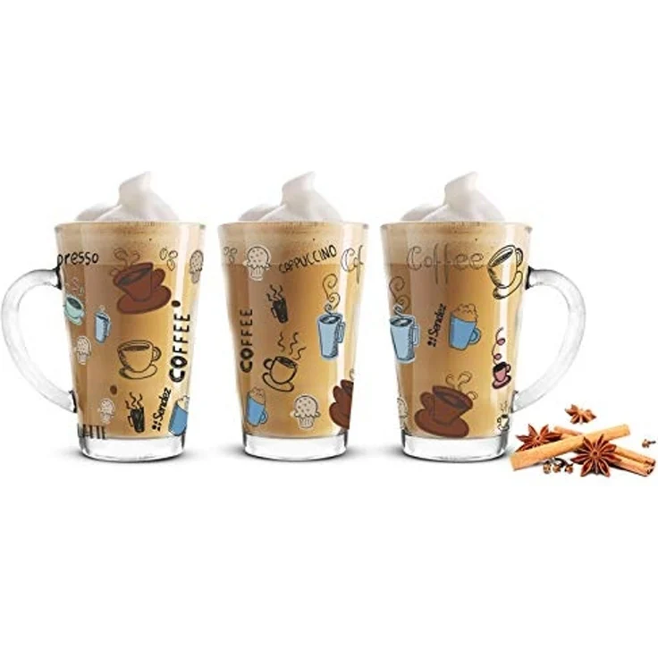 Sendez Latte-Macchiato-Glas 6 Latte Macchiato Gläser 300ml Kaffeegläser mit buntem Kaffee-Aufdruck, 6-tlg, Glas – Bild 2