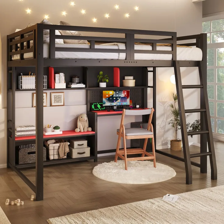 U-life Metall Etagenbett 140x200 cm, für Jugendliche, LED-Beleuchtung, MDF, Schwarz