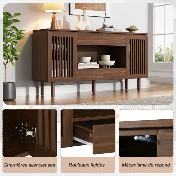 ZUBALIYA Sideboard 140x35x71 cm, mit 4 Schubladen, aus MDF, Walnuss – Bild 12