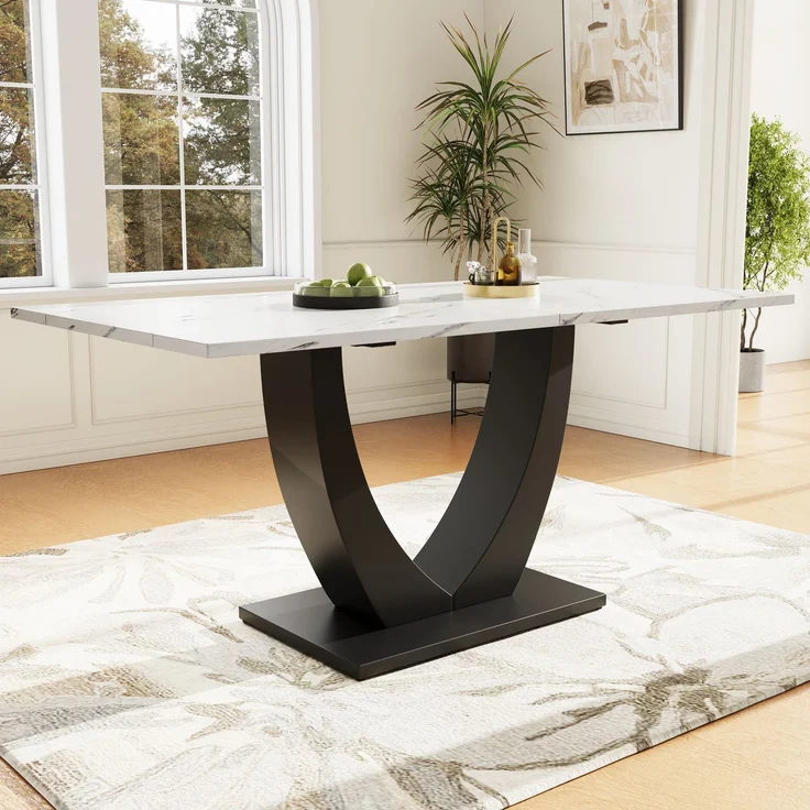 140 x 75.5cm Esstisch,(1-St), moderner Küchentisch, Gestell aus Metall Rechteckiger Esstisch aus Moderner Marmormuster Küchentisch mit verstellbaren Füßen für Esszimmer Wohnzimmer, Weiß/Schwarz – Bild 3