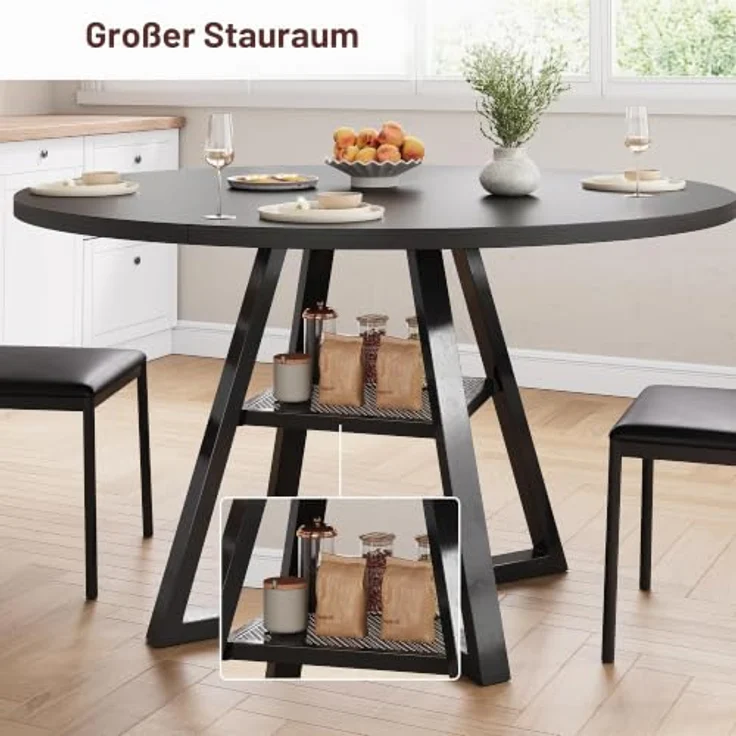Jocoevol Esstisch Runder für 2 Personen, Esszimmertisch mit Ablage, platzsparender Küchentisch aus Holz im Industrial Design (Schwarz, 80x80x76cm) – Bild 5