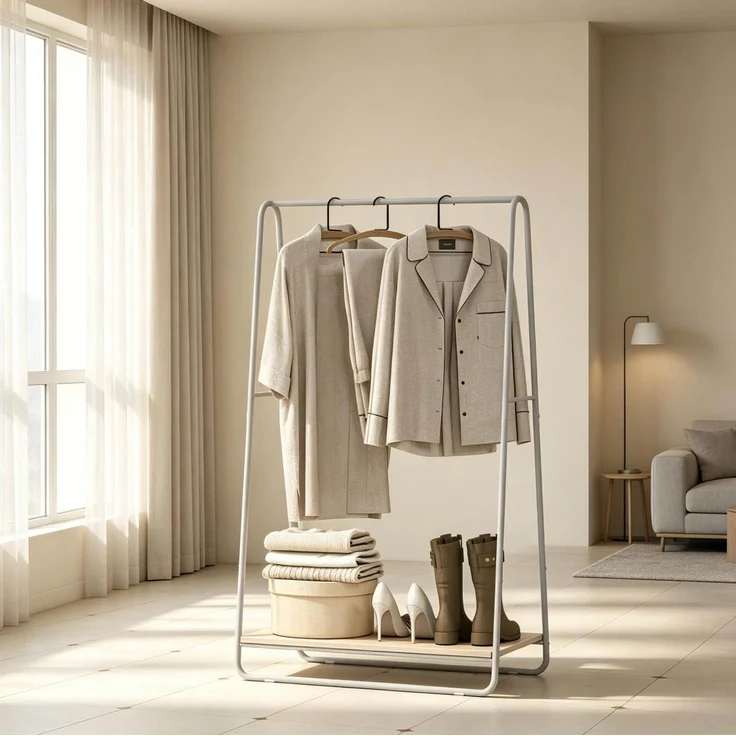 Garderobenständer 80 x 44 x 140 cm mit Schuhablage und Kleiderstange – Metall und Spanplatte – Bild 3