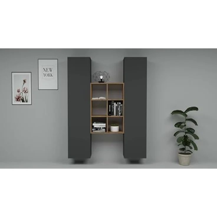 Dmora - Kommode Franco, Wohnzimmer-Set mit 2 Türen und Regalen, Wohnzimmer-Buffet, Küchen-Sideboard, 100% Made in Italy, 140 x 30 x 180 cm, Anthrazit und Ahorn – Bild 7