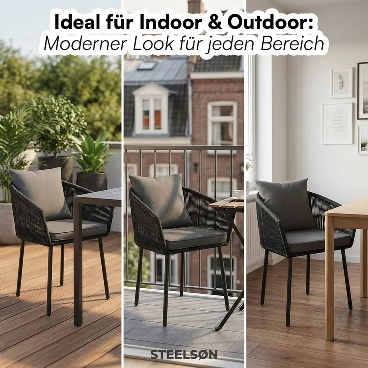STEELSØN 'Nair' Polyrattan Gartenstuhl, 2er-Set, schwarz, wetterfest & UV-beständig, Balkonstühle bis 160 kg belastbar, Gartensessel inkl. Kissen – Bild 8