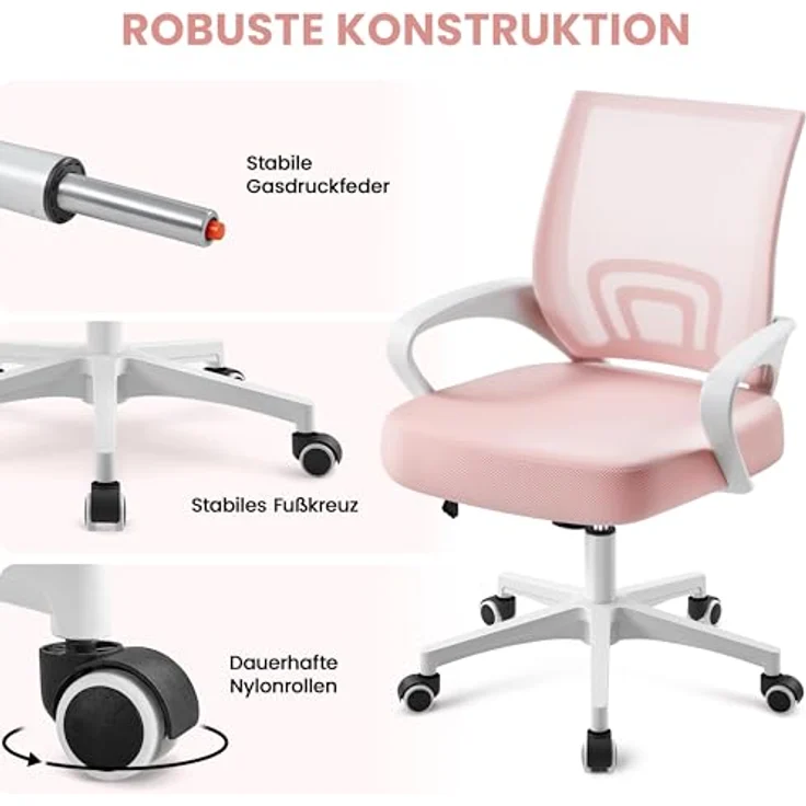 Yaheetech Bürostuhl Ergonomisch, Schreibtischstuhl mit Netzbespannung und Armlehnen, Drehstuhl aus Mesh, Chefsessel Wippfunktion, Höhenverstellbar Rückenschonend bis 136kg Belastbar, Rosa – Bild 10